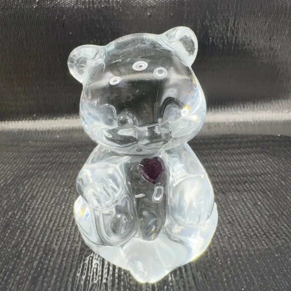 Vintage Fenton Clear Glass Bear Figurine‎ Paperweight With Purple Amethyst Stone